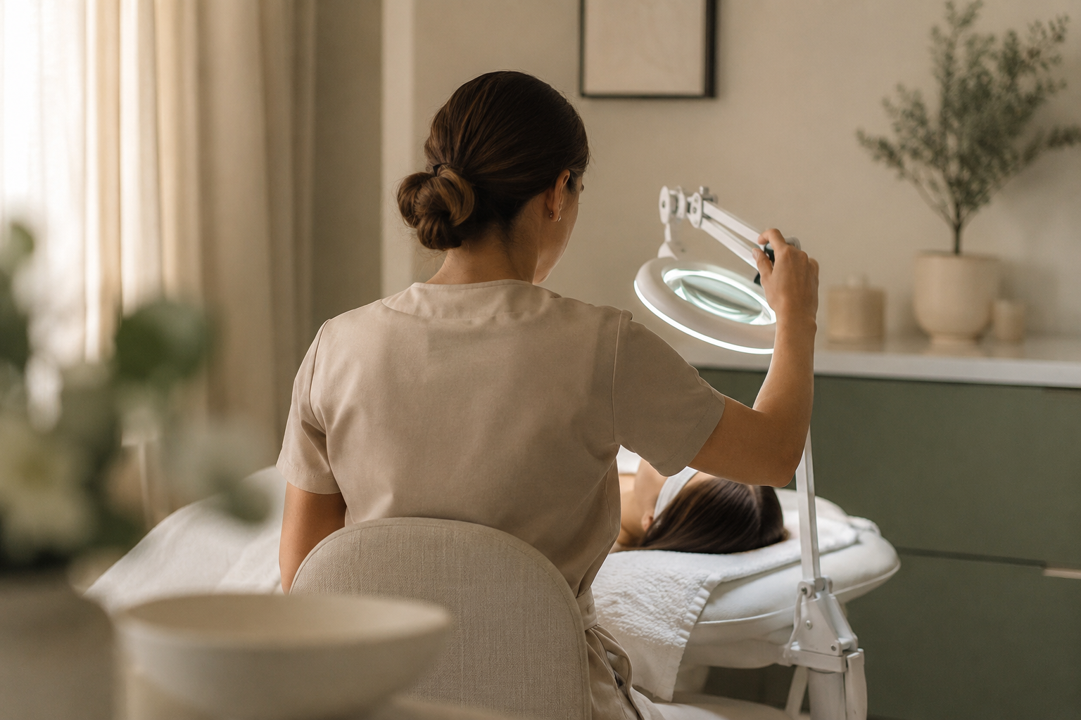 Lash artist working in a calm treatment room